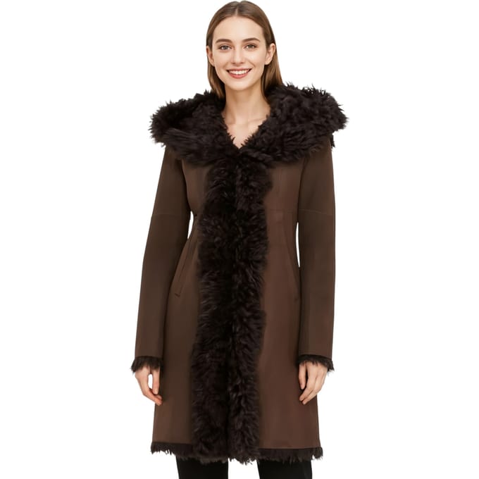 Dames bruine Toscaanse trenchcoat met capuchon van echt schapenleer - Verona