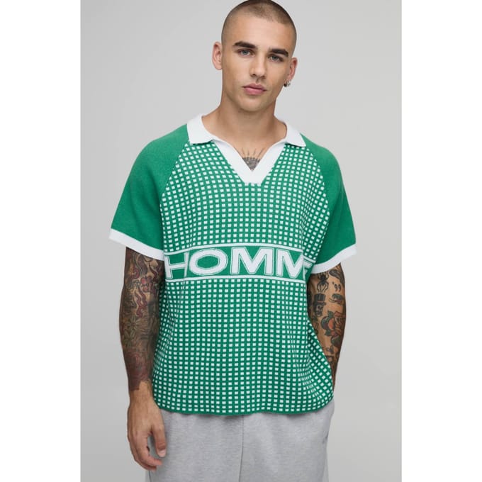 Ontspannen Boxy Varsity Geborduurde Gebreide Polo | Green | Size Medium