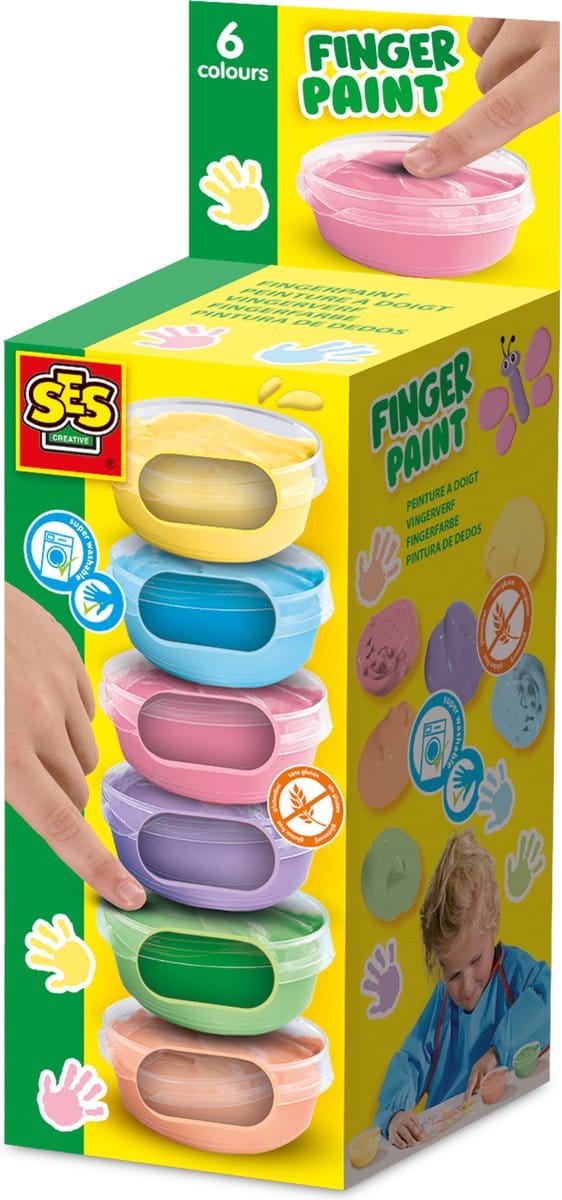 SES Creative Vingerverf - Pastel 6 Kleuren - Vanaf 2 Jaar - 6 x 45 ml - Knutselen - Glutenvrij - Schoencadeautjes Sinterklaas