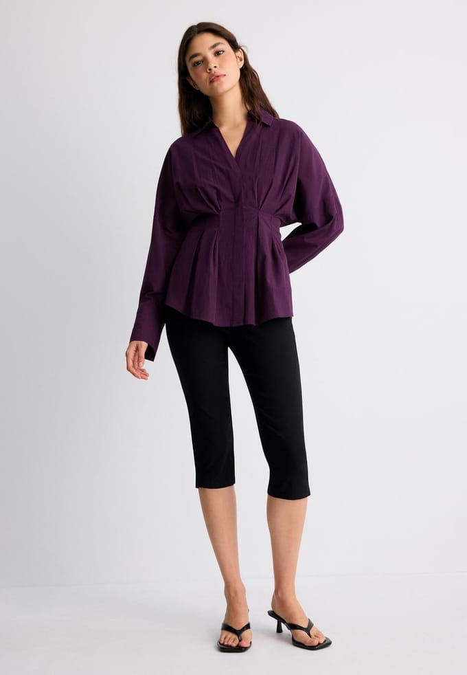 Stradivarius Popeline blouse met plooien  Paars XL