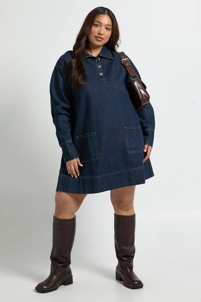 boohoo Dames Plus lange mouwen denim jurk | Indigo | Maat: 18