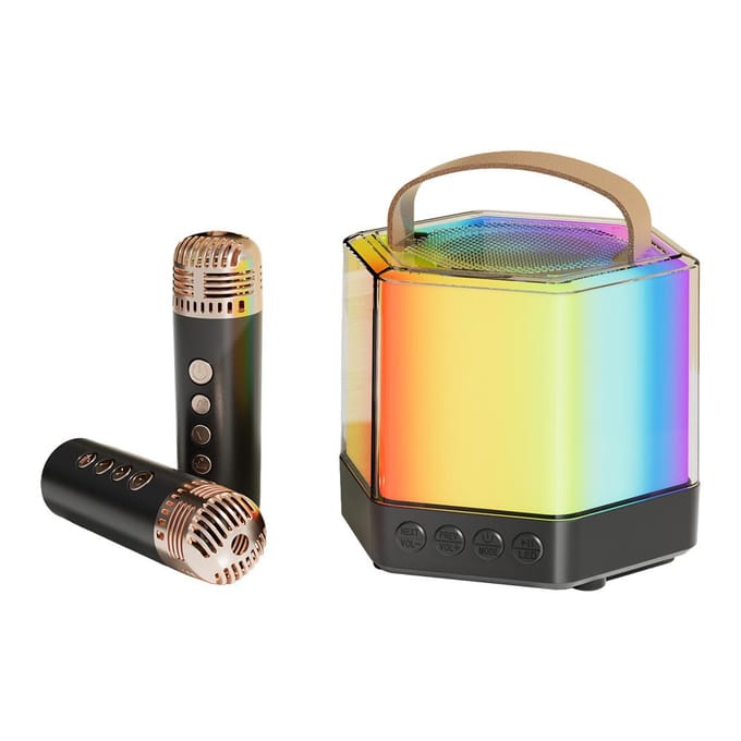 Karaoke Machine Mini Draadloze Microfoon en Speaker Set met 2 Microfoon RGB Kleurenlicht Handheld zwart