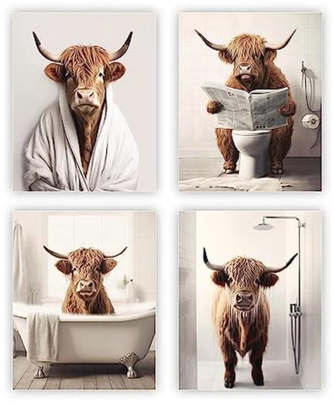 Grappige Highland Koe Badkamer Decor - Rustieke Boerderij Posters Set van 4