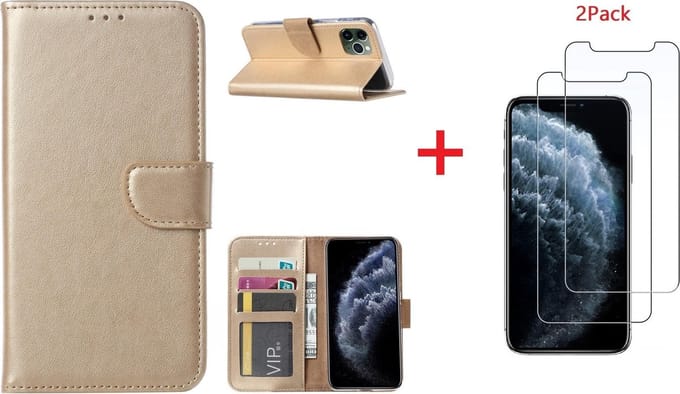 Hoesje Geschikt voor iPhone 11 Portemonnee hoesje + 2X Screenprotector - Goud