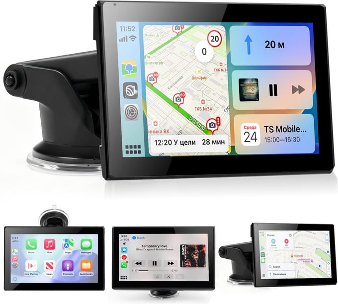 CarPlay Scherm 7 Inch - Apple CarPlay & Android Auto (Draadloos) - Touchscreen - Navigatiesysteem auto - Android Auto scherm - 1024p HD Roterend IPS Touchscreen - Bluetooth & Mirror Link