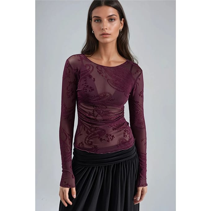 Aangesloten Lange Mouwen Flockprint Tulle Blouse