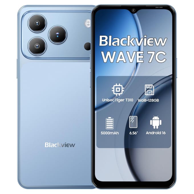 Blackview WAVE 7C 4G Smartphone IA 16 Go + 128 Go 6,56  Android 16 5000 mAh Téléphone Mobile 4+128 bleu