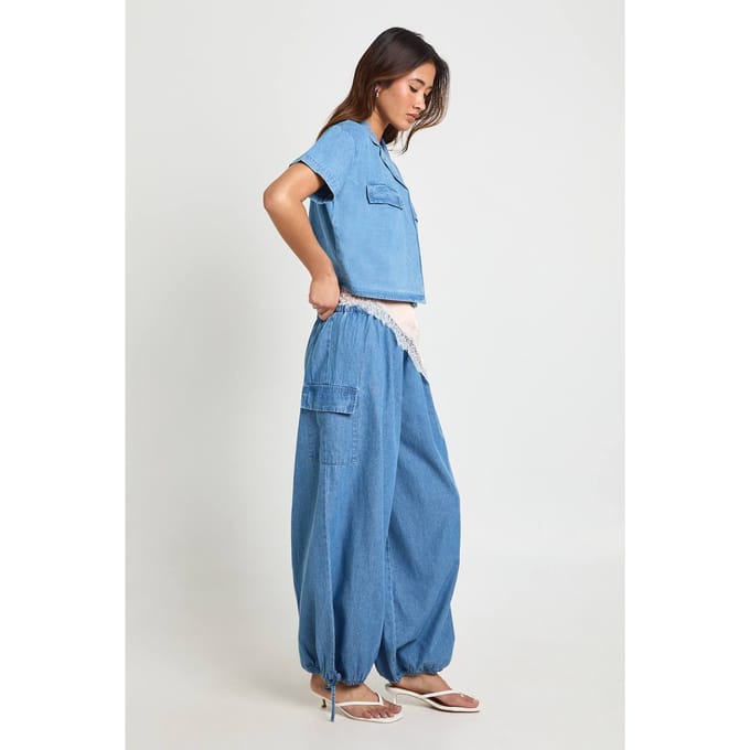 boohoo Dames Chambray Ballonbroek | Medium Gebleekt | Maat: 36