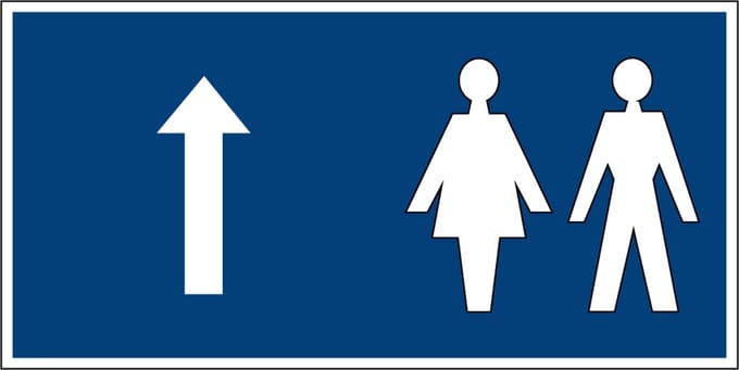 Toilet sticker met pijl rechtdoor, blauw 150 x 75 mm