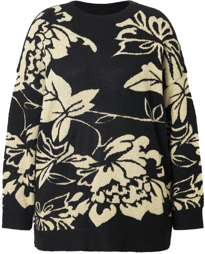 Studio Untold - Dames - Trui oversized bloemen-glittermotief - Zwart - Maat 42+