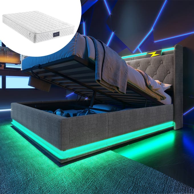 STILVORA Gestoffeerd Bed 140x200cm - 360° LED Sfeerverlichting - Hydraulisch Opbergbed Met USB Type-C - Linnen - Grijs Met matras