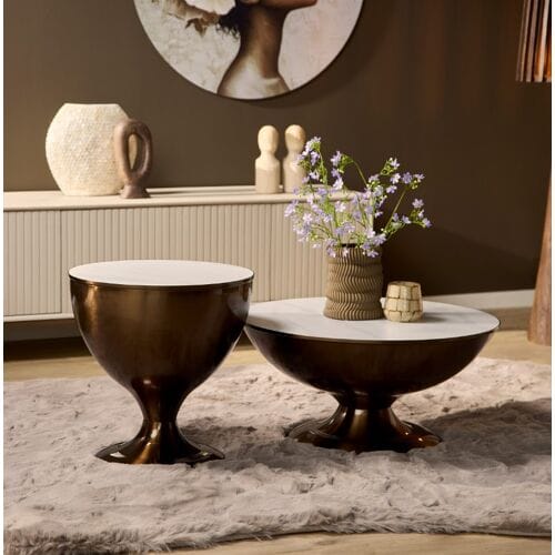 StarFurn Salontafel Ava - Rond Wit Marmer - Set van 2 - 75x75x38cm
