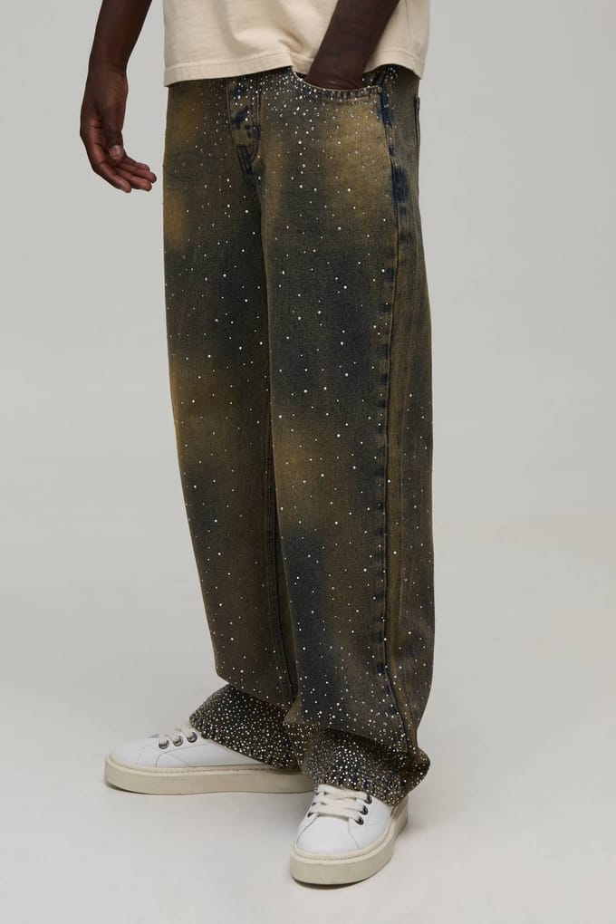 Clustered Rhinestone Tinted Relaxed Fit Jeans | Antique Blue | Size 44