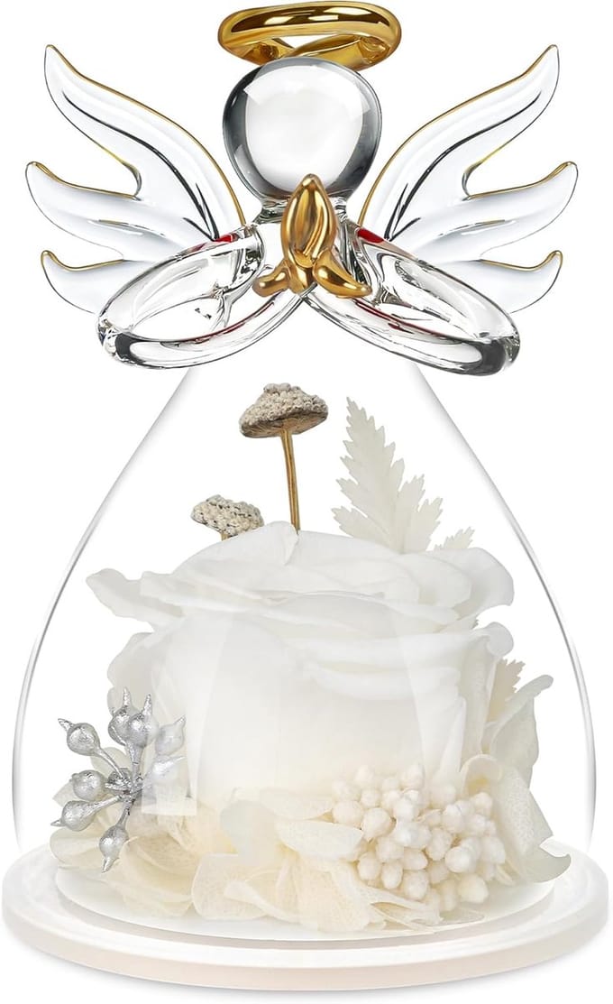 Engel met Roos - Beeldje Bloemen - Cadeau Geven - Echte Witte Roos - 11 cm hoog - Wit