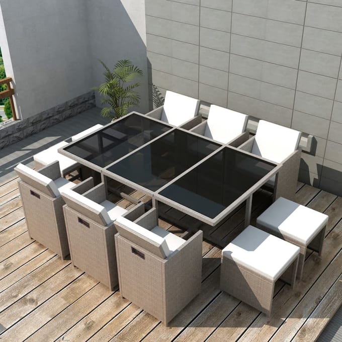 vidaXL - 11-delige - Tuinset - met - kussens - poly - rattan - beige