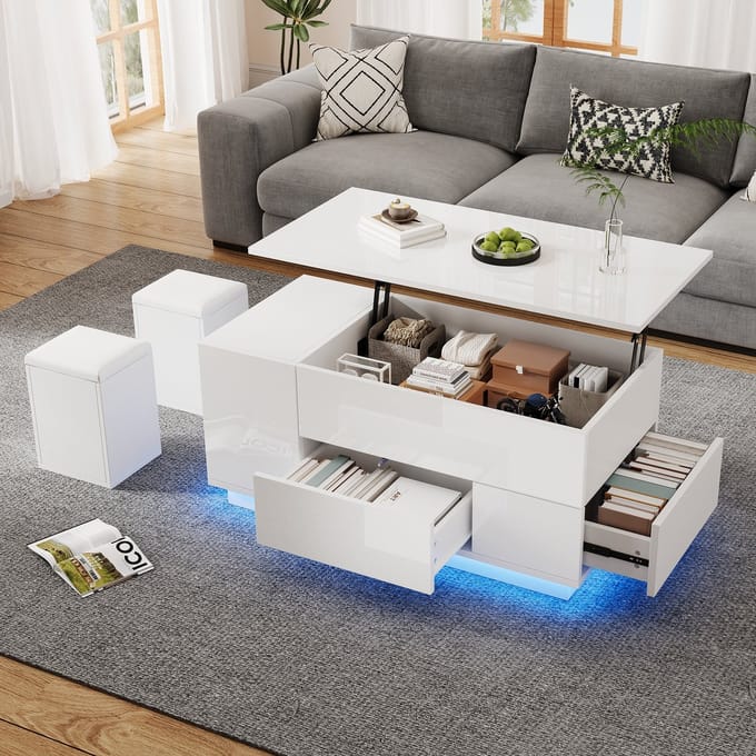 Salontafel - 100x50x45 cm - In Hoogte Verstelbaar en LED - 4-in-1 met 2 Poefs - MDF - Wit