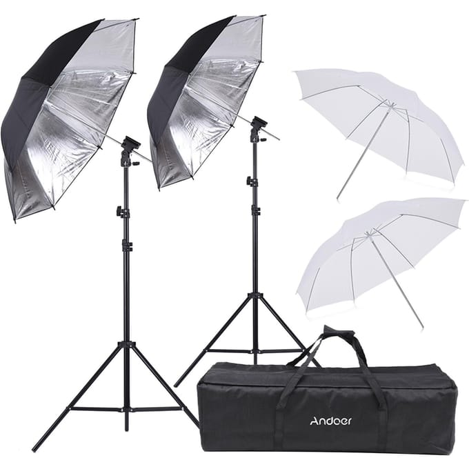 Andoer Off Camera Dubbele Speedlight Flitsschoen Montage Draaibare Zachte Paraplu Kit 2 * 2m Lampstatief +2 white