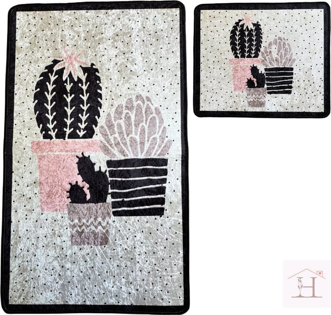 HappyNest Badmat - Wc Mat - Antislip 2 Stuk Set - 60x100cm + 50x60cm - Zwart/Wit - Cactus