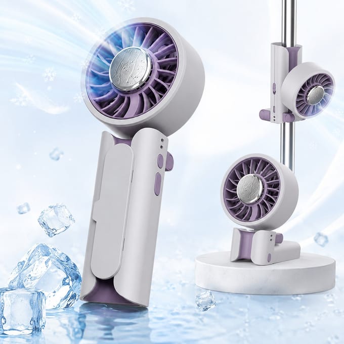 Mini Ventilator Oplaadbaar - Handventilator Dames - IJskoeling Ventilator - USB Ventilator - Draagbare Koelventilator - Bureau Ventilator - Parasol Clip Ventilator - Grijs Paars