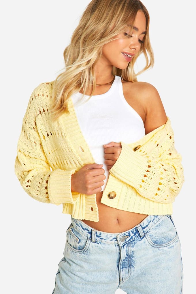 boohoo Dames Gehaakte Crop Cardigan met knoopsluiting | Boter | Maat: Large