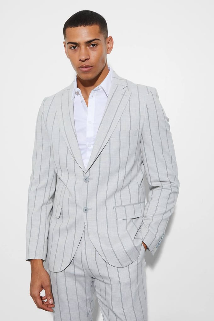 Slim Single Breasted Striped Suit Jacket | Light Grey | Size 48
