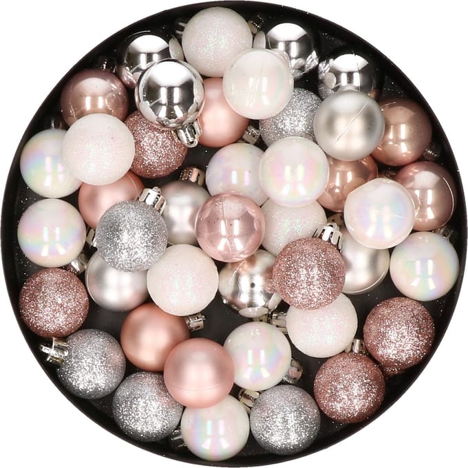 Decoris Mini kerstballen - 42x - lichtroze - parelmoer wit - zilver - D3 cm - kunststof - onbreekbaar - kerstversiering