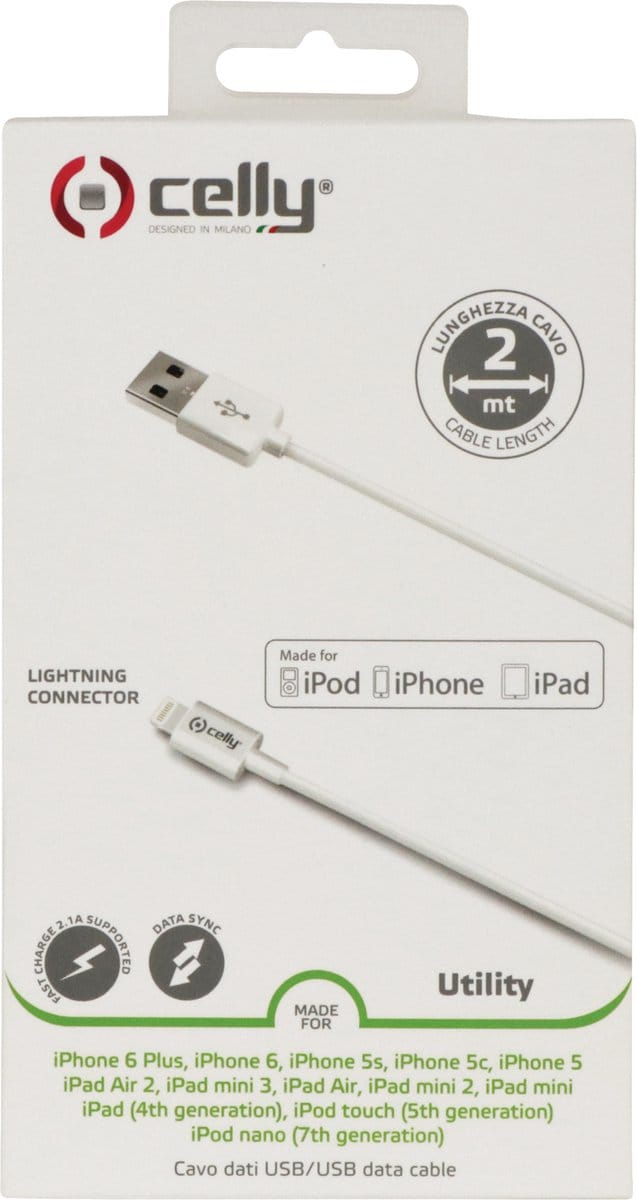 Celly USB-A naar Lightning datakabel - Apple 30-pins connector – Wit - 2 meter