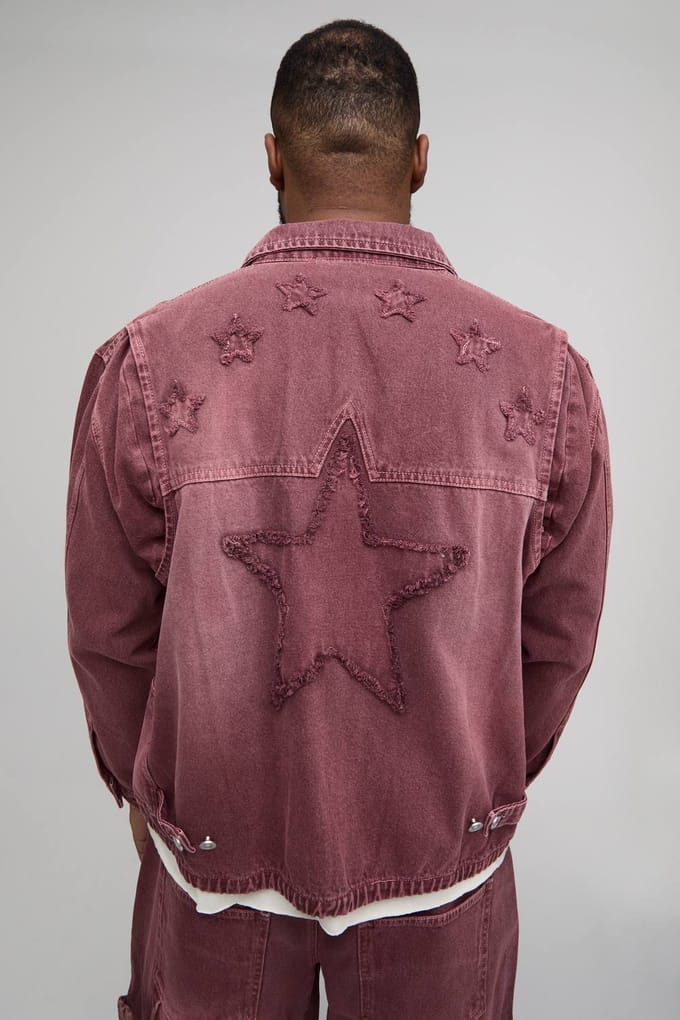 Plus Overdye Western Applique Denim Harrington Jacket | Red | Size 3XL
