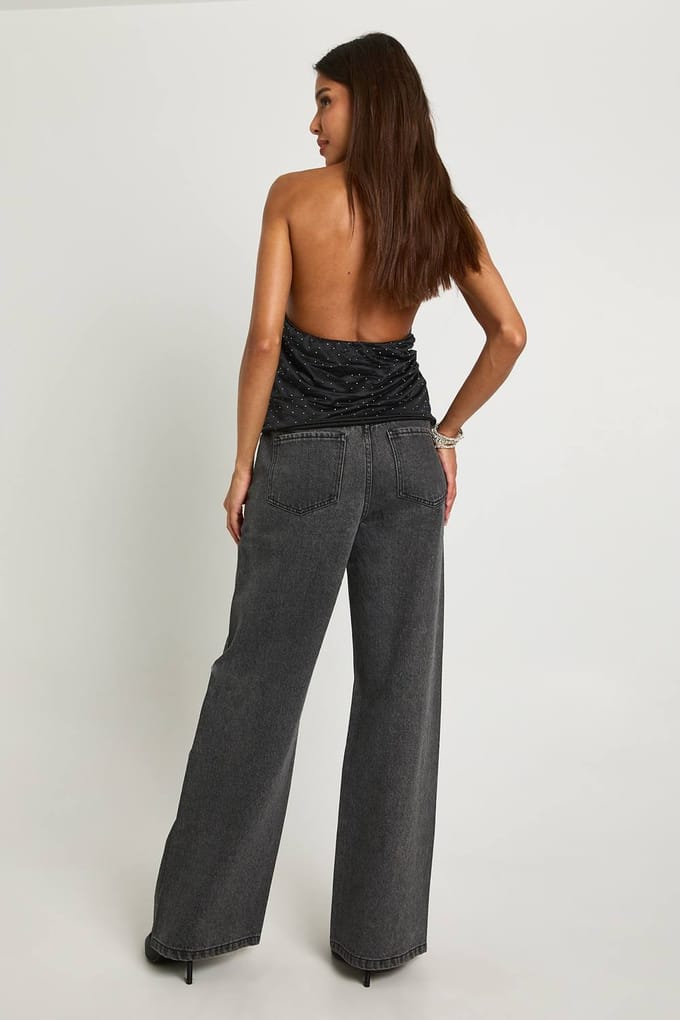 boohoo Dames Versierde Wijde Pijp Jeans | Washed Black | Maat: 8