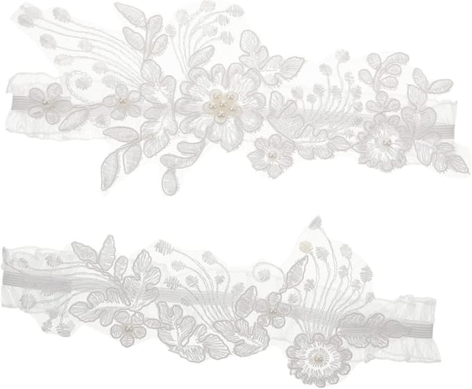 Bruids Kousenband - Been Decoratie - Bruiloft Accessoire - Kant en Parels - 21 cm - Wit