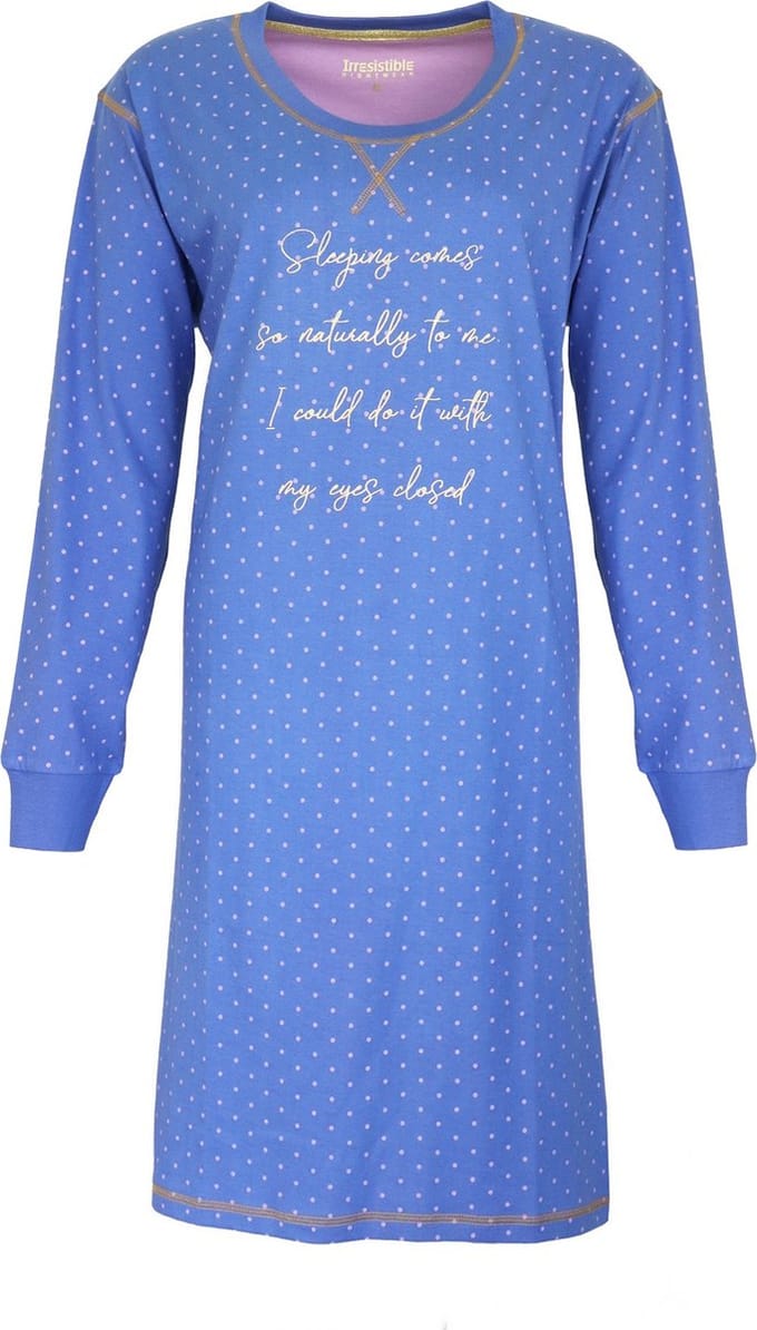 Irresistible Dames Nachthemd - Katoen - Wit Stippen - Blauw - Maat S