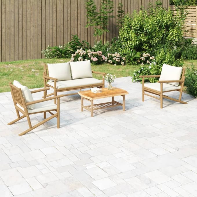 vidaXL - 4-delige - Loungeset - met - kussens - bamboe - crèmewit