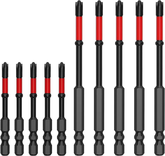 Set van 10 sterke magnetische 5A zwarte Phillips schroevendraaier bits - S2 staal, 65mm & 110mm, antislip en impactbestendig