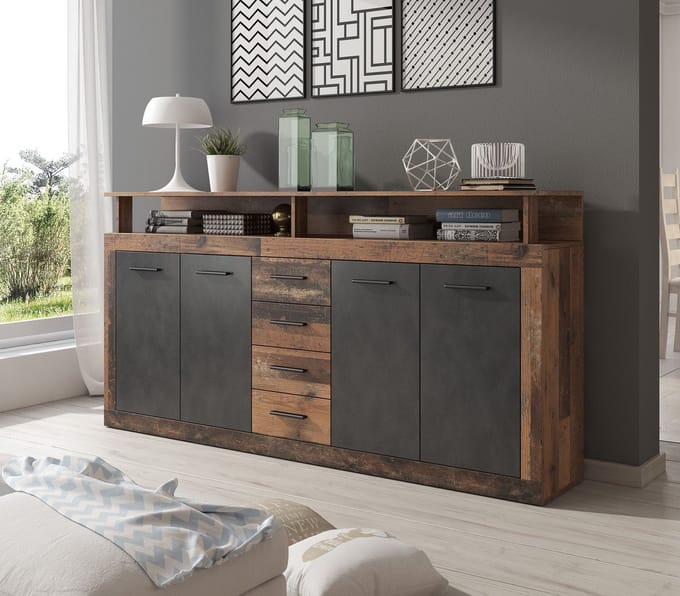Meubella - Dressoir Lavina - Old wood - Antraciet - 190 cm