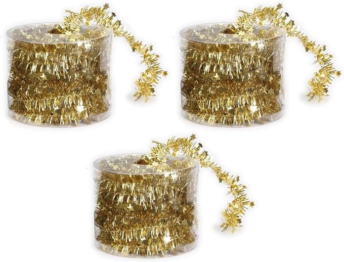 Kerstslinger - 3x - goud - kunststof/plastic - 3,5 cm x 700 cm - kerstdecoratie