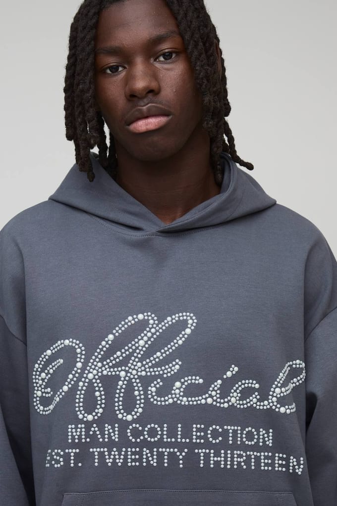 Oversized boxy hoodie met nep-parelversieringen in interlock | Charcoal | Size Medium