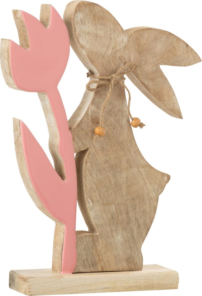J-Line decoratie Konijn Met Bloem - hout - roze - large