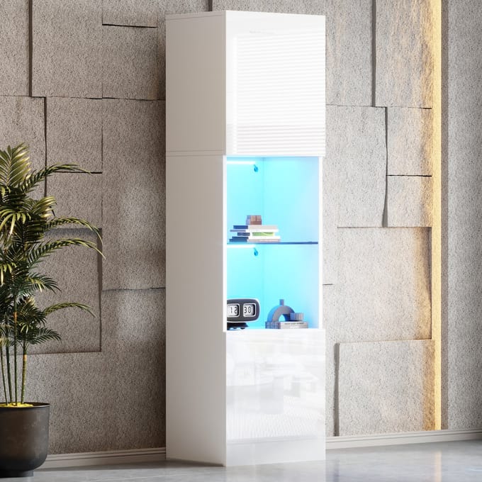 HAUSS SPOLE Vitrinekast 45x35x160cm - Buffetkast met LED-Verlichting en Glasbodem - Spaanplaat - Wit