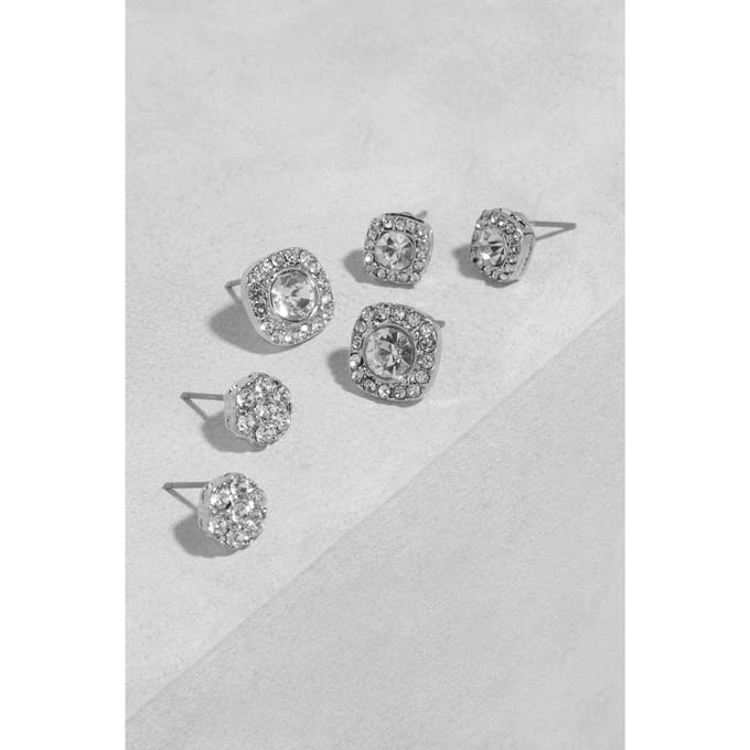 boohoo Dames Zilveren Vierkante Diamante Stud 3 Pack