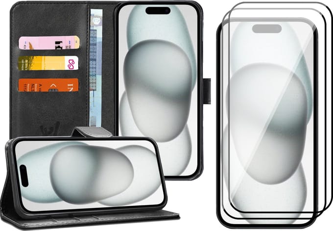 Hoesje geschikt voor iPhone 15 Plus - 2x Screen Protector FullGuard - Book Case Kunstleer Pasjeshouder Zwart & Screenprotector