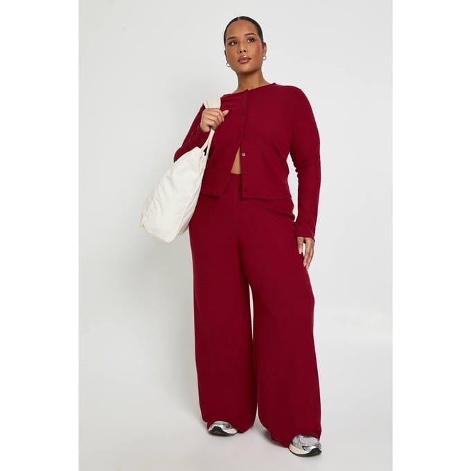 boohoo Dames Plus Size Geribbeld Vest met Knopen en Broek Co-Ord | Wijn | Maat: 52