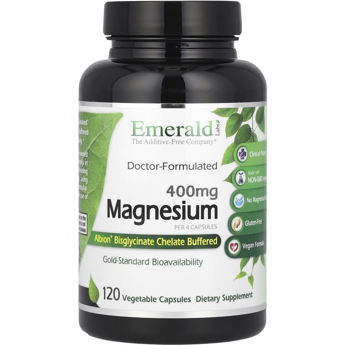 Emerald Laboratories, Puur Albion Magnesium, 400 mg, 120 Plantaardige Capsules (100 mg per capsule)