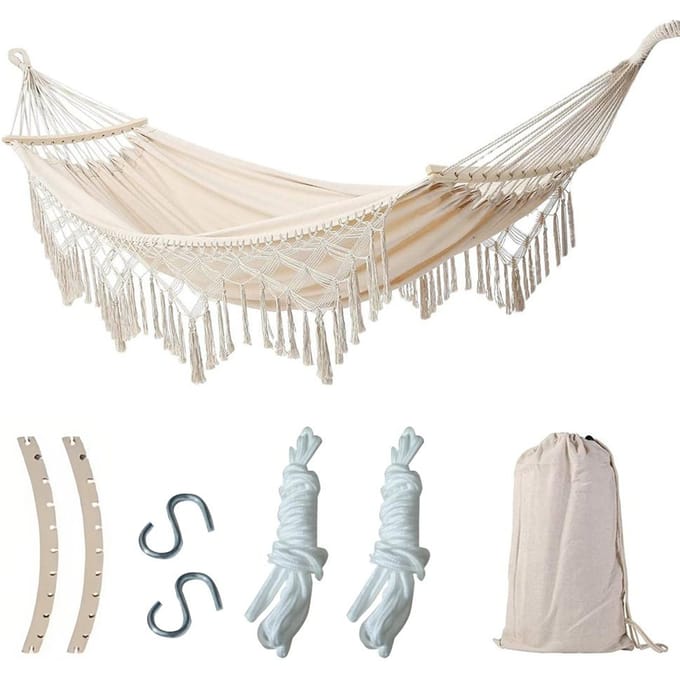 Dubbele Macrame-hangmat Tweepersoonsschommelbed voor strandtuin Slaapkamerterras wit