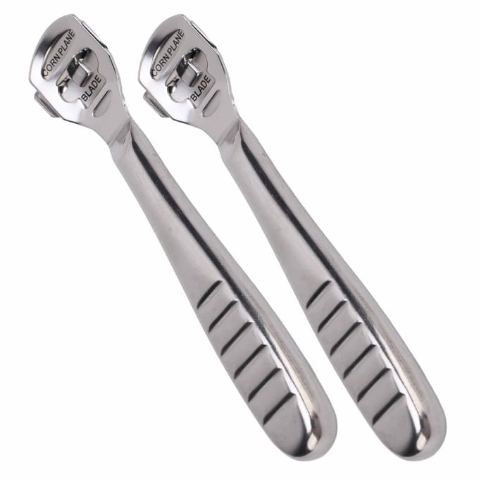 2 stuks Voet Eelt Schraper Anti-Slip Ergonomische Handgreep Roestvrij Staal Pedicure Eelt Verwijderaar Voeten gray