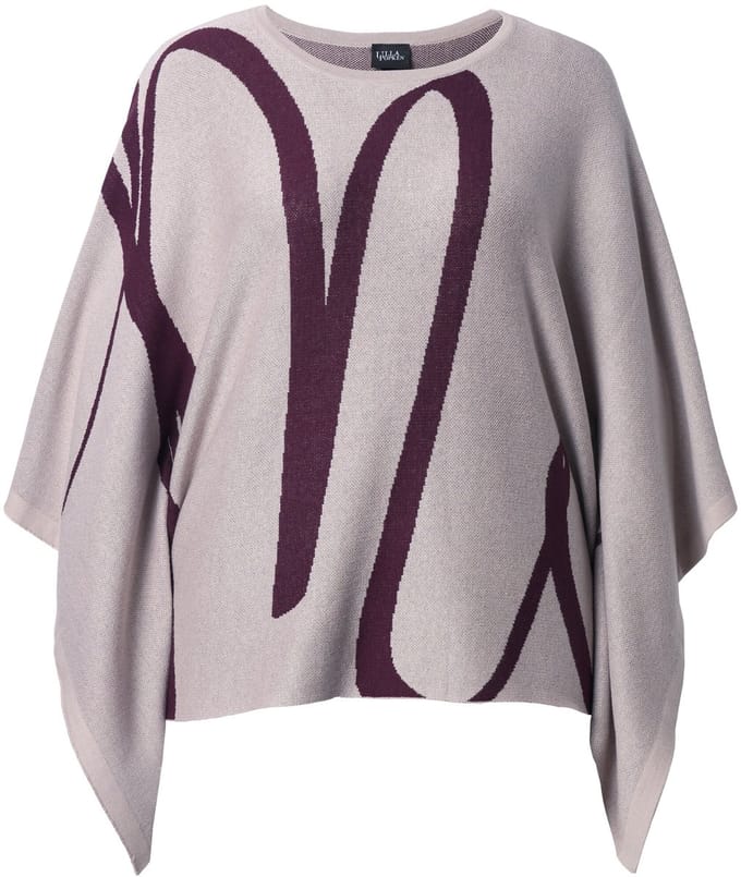 Ulla Popken - Dames - Gebreide poncho penseelstreek oversized ronde hals - Grijsbeige - Maat 2+
