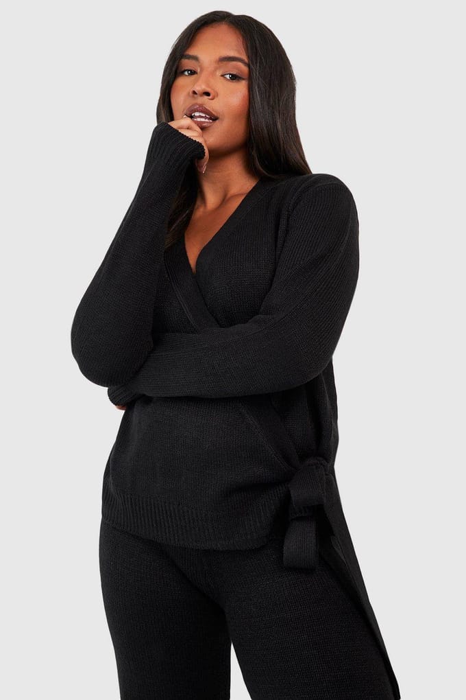 boohoo Dames Plus Wrap Tie Side Jumper en Broek Co-ord | Black | Maat: 24