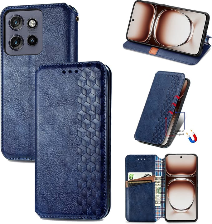 Luxe PU Lederen Ruitpatroon Wallet Case + Glas Screenprotector voor Motorola Edge 50 Fusion _ Blauw