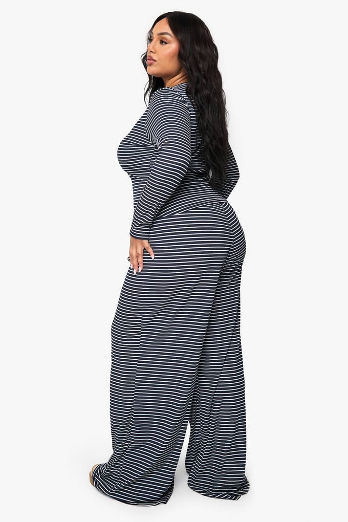boohoo Dames Plus Broek met Enkel Trekkoord-Taille - Gestreept | Navy | Maat: 26