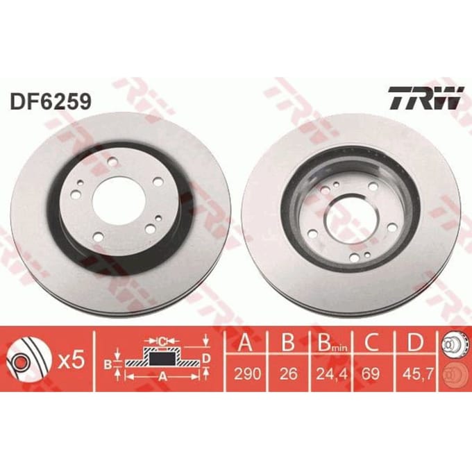 Remschijf TRW DF6259 voorkant, geventileerd, 1 Stuk