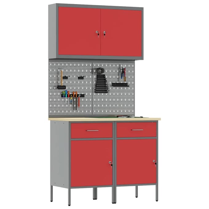 vidaXL - Werk - Cabinet - met - lade - 5 - st - Rood - Engineered - hout - en - staal